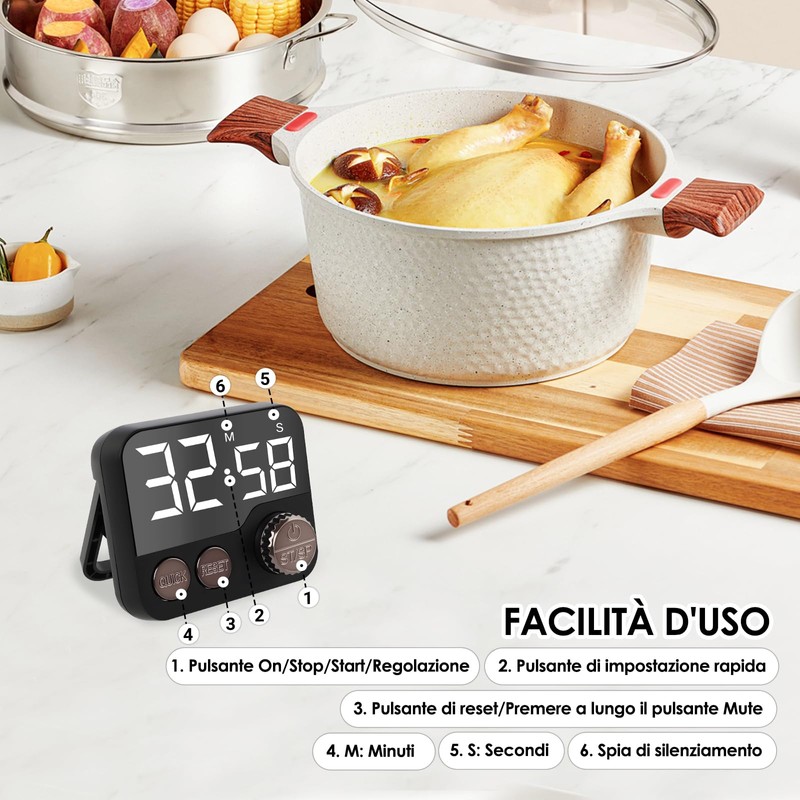 Timer Cucina Timer Digitale, Timer da Cucina Magnetico con Ampio