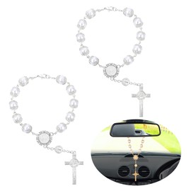 TIESOME 2 Pieces Car Rosary for Rearview Mirror, Rearview Mirror Auto Rosary Beads Car Medal and Cross Hanging Accessories for Mirror Interior Decors for Women Men (White)