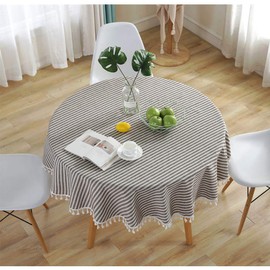 meioro Round Tablecloth with Striped Tassels Table Protector Linen Table Skirt Kitchen Dining Table (Brown/Strisce Bianche, Diameter 100 cm)