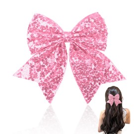 Pink Sequin Hair Bow Clips for Cheerleader Hair Bows for Women Girls 7 Inch Glitter Bowknot Hair Clip for Thick Fine Hair Accessories for Women Girls Large Cheer Bow Clip Cheerleading Hair Decor