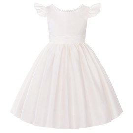 Uhnice Flower Girl Pearl Dress Flutter Sleeve V-Back Satin Dress with Bowknot for Wedding Birthday Party (Ivory, 100/3-4 Years)