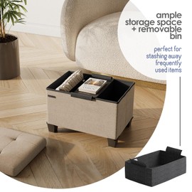 STORAGEBUD Storage Ottoman Cube with Small Bin, 16-in Square Ottoman with Storage for Living Room and Bedroom, Small Ottomans Foot Rest, Fabric Foot Stools Ottomans Max 330lbs, Taupe