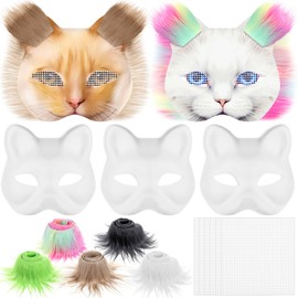 DECHOUS 5Pcs Cat Masks Therian, Cat Mask Making Kit, White Blank Cat Mask with Faux Fur and Eye Mesh, DIY Therian Cat Masks