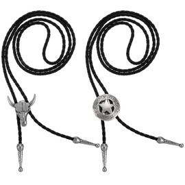 JJUNW Pack of 2 Bolo Tie, Bolo Tie, Cowboy Costume Men's Western Outfit Men's Western Cowboy Tie Necklace Lariat Necklace Black Leather Rodeo Pendant for Men and Women, black