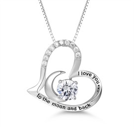PRETTERY Sterling Silver Necklace I Love You to The Moon and Back Zirconia Heart Pendant Gifts for Women,45+5cm Chain