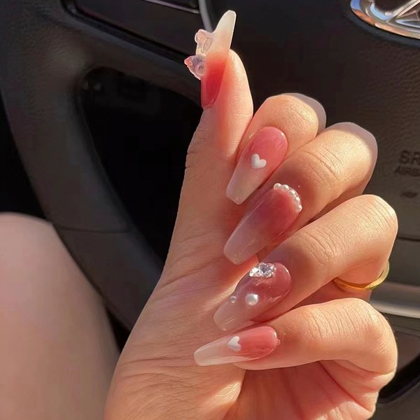 Light Rain Press on Nails Long- Honey, 3D Bear Pink