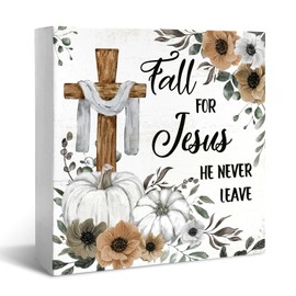 JXREQ Christian Sign Fall Decor Wood Box Sign Desk Decor, Christian Decor Rustic Farmhouse Inspired Home Decor for Tabletop Living Room Bedroom, Fall for Jesus He Never Leaves Sign 5x5 Inch