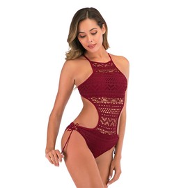 Temptshow - Traje de baño sexy de encaje hueco para mujer con cordones (granate, S)