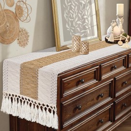 yuboo Boho Table Runner 72 inches Long - Long Rustic Coffee Table Runner Farmhouse Style, Macrame Dresser Runner for Dining Room, Kitchen, TV Stand, Bohemian Fall Thanksgiving Home Decor, Brown