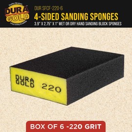 Dura-Gold 220 Grit 4-Sided Hand Sanding Block Sponges, Box of 6 - Performance Flex 3.9" x 2.75" x 1" Wet or Dry Flexible Sandpaper Abrasive Brick Pads, Reusable - Sand Wood, Drywall, Metal, Auto Paint