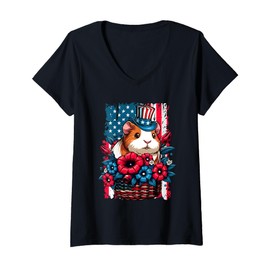 Womens Guinea Pig Inside Flowers Basket 4th July US Flag Patriotic V-Neck T-Shirt