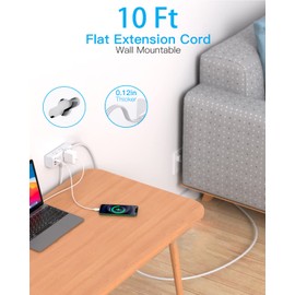 10FT Extension Cord Indoor, Power Bars with Surge Protector, Flat Plug Long Cord 6 Outlet 3 USB Ports (1 USB C) for Home, College, Dorm Room Essentials