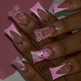 Medium Duck Nails Press on French Tip Fake Nails Full Cover Gradient Duck Nails with 3D Small Flower Designs Cute Duck Feet Shaped False Nails Pink Glue on Nails for Women Girls Manicure Art 24Pcs