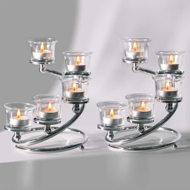 5-Piece Glass Tea Light Candle Holder Set, Black Metal Spiral Stand, Rotating Centerpiece for Table Decor (2, Silver)
