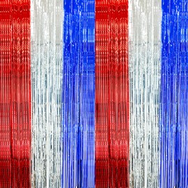 2 Pack Red White Blue Tinsel Fringe Curtains – 3.3 x 6.6 Feet Patriotic Foil Backdrop for 4th of July, Memorial Day, Veterans Day, Election Parties, and American Flag Theme Photo Booth Decorations