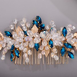 Chargances Wedding Crystal Hair Comb Bridal Leaf Pearl Hair Vine Side Comb Rhinestone Beaded Hair Accessories Headpiece for Wedding Prom Festival Bridesmaid for Women and Girls (Blue)