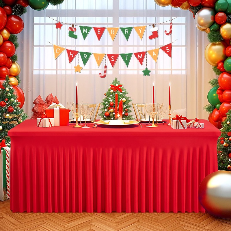 Red Stretchy Spandex Tablecloth for 1.8 m Rectangular Table, Washable