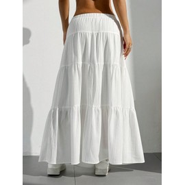 Verdusa Women's Boho Skirt Flowy Flared Ruffle Summer Long Maxi Skirts Going Out Outfits White X-Small
