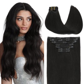VINBAO Clip in Hair Extensions Real Human Hair Natural Black 16inch 140g Thick Hair Clip in Extensions Double Weft Silky Straight Hair Invisible 7pcs Hair Extensions Clip ins (#7C1B, 16'')