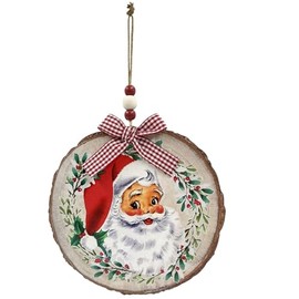 Vintage Jolly Father Christmas Santa Decorative Hanging Wall Art Plaque, Natural Rustic Wood Effect, 20cm x 20cm