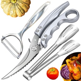 Heavy Duty Poultry Shears - Includes Peelers & Cooking Tongs As a Bonus – Professional Stainless Steel Kitchen Scissors for Cutting Meat,Chicken,Turkey,Fish,Vegetables, Spring Loaded, Dishwasher Safe