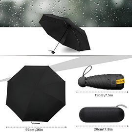DDUP Folding Travel Umbrella,6 Ribs Mini Umbrella Small UV Umbrella Anti-UV Compact Umbrella Windproof Sun Rain Portable Pocket Lightweight Umbrella with Capsule Case for Kids Girls Women Purse-Black