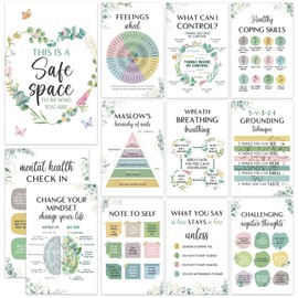 12 Pcs Mental Health Growth Mindset Change Posters Set (11x17") - Safe Space Feelings Wheel Coping Skill Poster for Therapy Counseling Office School Home Wall Decor Counselor Therapist Gifts