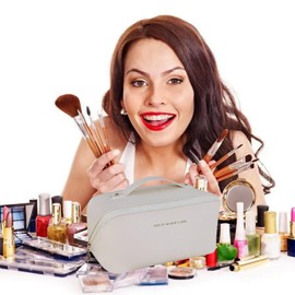 Chasinglee Makeup Bag, Large Capacity Travel Cosmetic Bag,Make up Bags Women,Toiletry Bag, Make up Bags for Women and Girls, New-PU Leather Waterproof Foldable Makeup Organizing Bag (Off White)