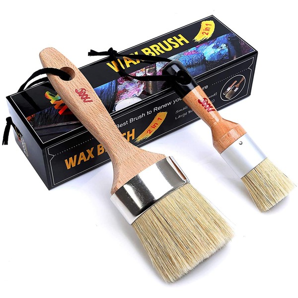 Chalk and Wax Paint Brush Furniture - Painting or Waxing - Milk Paint - Dark or Clear Soft Wax - Home Decor Cabinets Stencils Woods - Natural Bristles 1 Small Round and 1 Large Oval Brushes