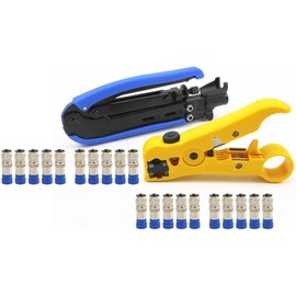 ZONADA F-Connector Crimper Stripper Cutter Set for Coax Coaxial Cable RG6 RG59 RG11 Hand Compression Crimping Cutting TV Cable Hand Tool 20x F Compression connectors Included