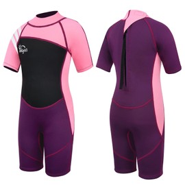 Yikayin Kids 2.5mm Shorty Wetsuit for Boys & Girls Ages 4-11, Thermal Neoprene Swim Suit with Back Zip, UV50+ Protection for Swimming Lessons, Surfing, Snorkelling, Diving and Water Sports