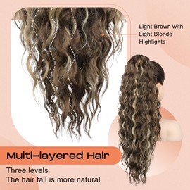 SEIKEA 24" Highlight Ponytail Extension Claw, PT002 Tia Long Multi Layered Fluffy Thick Wavy Jaw Clip in Fake Pony Tails Fake Hair Soft Natural Synthetic Hairpiece Light Brown/Light Blonde Highlights