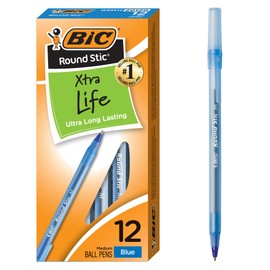 BIC Round Stic Xtra Life Blue Ballpoint Pens, Medium Point (1.0mm), 12-Count Pack of Bulk Pens, Flexible Round Barrel for Writing Comfort, No. 1 Selling Ballpoint Pens