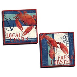 Gango Home Décor Red and Blue Coastal Fresh Lobster and Local Crab Set; Nautical Decor; Two 16x16in Hand-Stretched Canvases