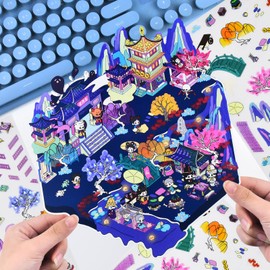 1 Sets Large 3D Sticker Scene 3D House Stickers with Tweezers Ancient Style Restaurant Scenes Make Your Own House Miniature Scene Stickers