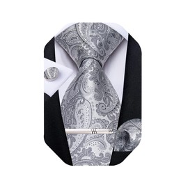 DiBanGu Grey Paisley Tie Silk Tie Set for Men Woven Pocket Square Cufflinks Tie Clip Set Wedding Formal
