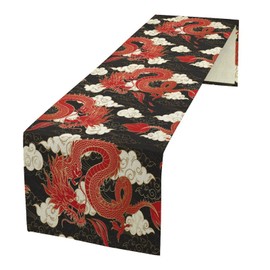 Camino de mesa de dragón rojo asiático, dragones japoneses chinos, animales voladores, nubes, cena, decoración de mesa para el hogar, cocina, comedor, decoración de fiesta, 13 x 60 pulgadas