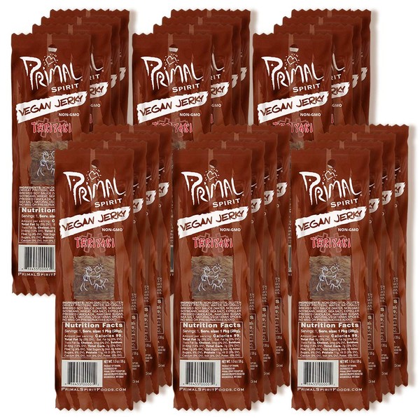 Primal Spirit Vegan Jerky – “Classic Flavor” – Teriyaki, 10 g. Plant Based Protein, Certified Non-GMO, No Preservatives, Sports Friendly Packaging (24 Pack, 1 oz)