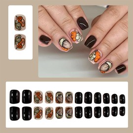 Autumn Press on Nails Short Square Fake Nails With Almond Pattern Designs Glitter Gold Maple Leaf False Nails Fall Leaves Full Cover Acrylic Nails Stick on Nails Glossy Glue on Nails for Girls 24Pcs