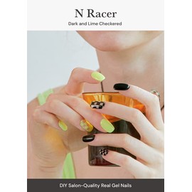 ohora Semi Cured Gel Nail Strips (N Racer) - Green, Patterned, Works with Any UV/LED Lamps, Salon-Quality, Long Lasting, Easy to Apply & Remove - Includes 2 Prep Pads, Nail File & Wooden Stick