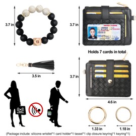 COOLANS Wristlet Bracelet Keychain Pocket Credit Card Holder Purse Tassel Keychain Bangle Key Ring for Women (Silicone Bead Bracelet+Card Purse (Black))
