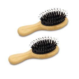Woodlife® - Duo de Cepillos MINI Ovalados fabricados de Bambú con cerdas naturales de Jabalí, estimula el foliculo piloso y promueve el crecimiento del cabello.