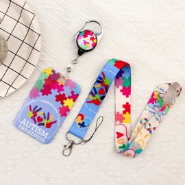 Autism Awareness Lanyard with ID Badge Holder - Love Support Lanyards for ID Badges Reel Clip with Carabiner Hook for Kids Teacher Nurse, Vertical Name Badge Holder Hard Protector
