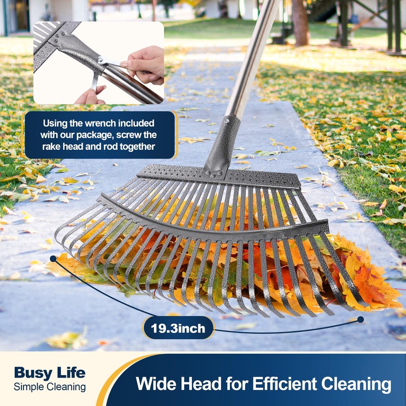 Yocada 19.3" Garden Leaf Rake Wide Heavy Duty Adjustable Long