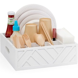 Utensil Holder for Party-Paper Plate Dispenser and Holders for countertop,Wood Rustic Silverware Utensil Caddy with 7 Compartments,Cutlery Flatware Organizer Box for Cup/Fork/Spoon,Kitchen Accessories