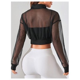 Verdusa Women's Mesh Sheer Crop Athletic Jackets Lightweight Long Sleeve Zip Up Jacket Outwear Black Small