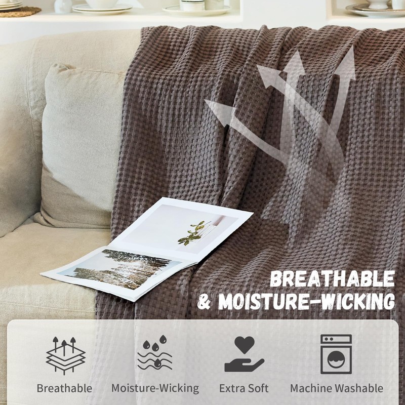 MIGIOL 100% Cotton Waffle Weave Sofa Blanket, Lunch Break, Queen