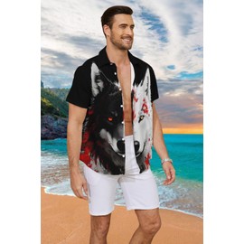 Kiptmug Alpha Wolf Print Button-Down Shirt for Men Animal Pattern Casual Shirt,Wolf,XL