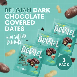 DORREL - Belgian Dark Chocolate Covered Dates (Medjool) with Salted Peanuts Stuffing, High Energy Vegan Choco Snack, Delicious, Kosher & Non-GMO, Pack of 3 Stuffed Chocolate Dates, 7.05 oz / 200 g Ea