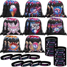 Equsion 32 Pcs Baseball Party Favors Set 16 Baseball Ice Cream Drawstring Goodie Bags 16 Silicone Wristband Respect the Drip Snack Treat Candy Bags Motivational Bracelet Sports Birthday Party Supplies